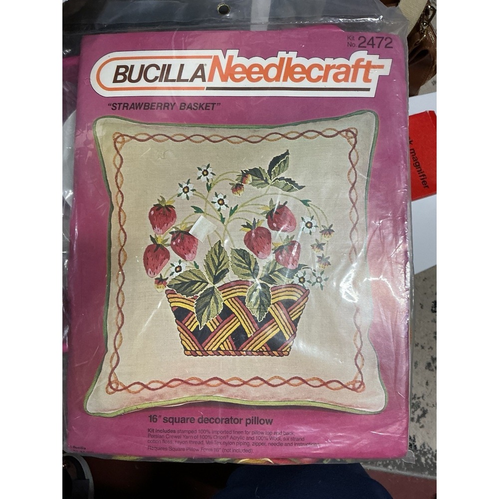 Bucilla Needlecraft Crewel Strawberry Basket 16 in square decorator pillow kit 2